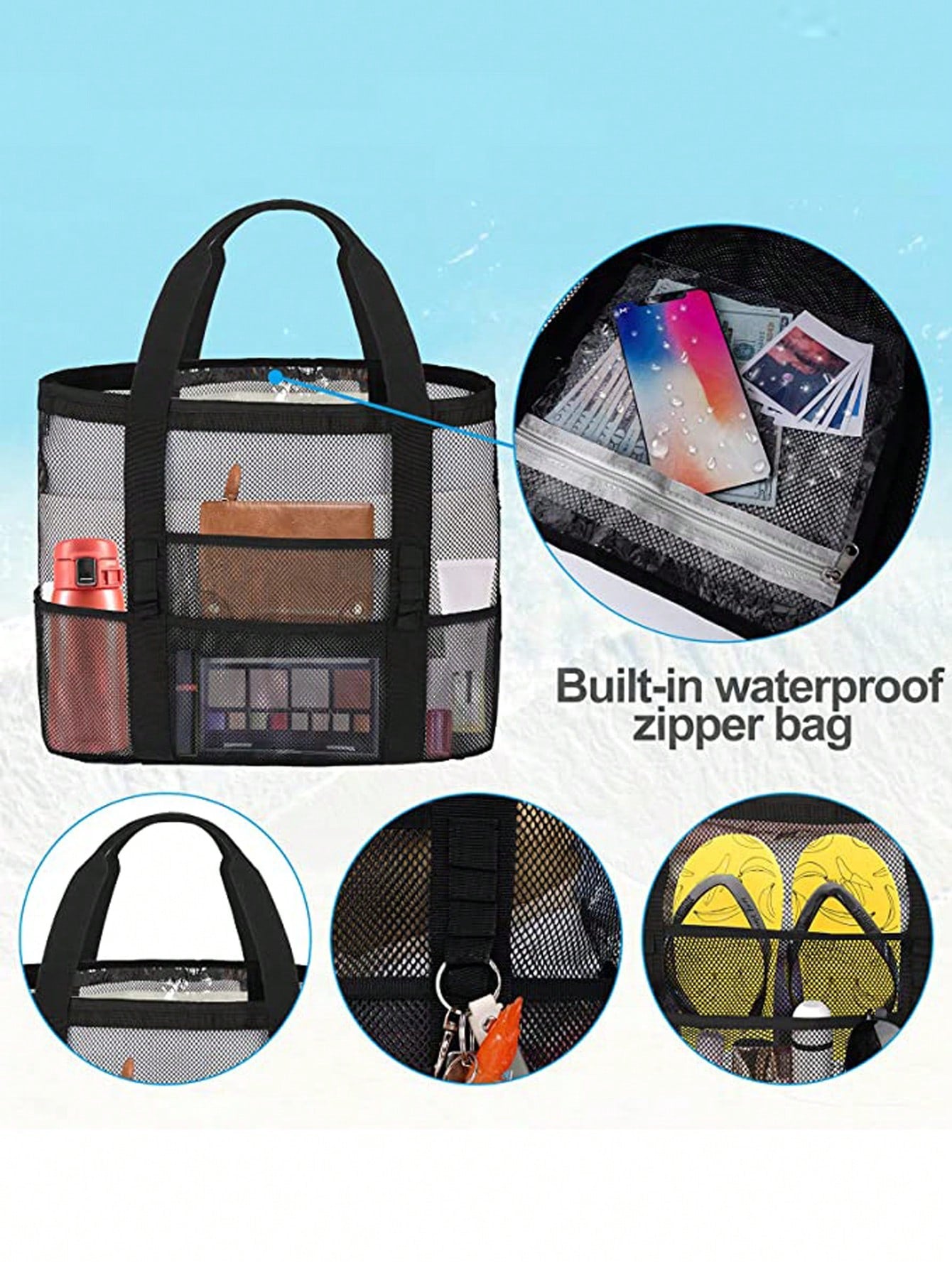 1 pièce Grand sac de plage en filet - sac fourre-tout résistant au sable surdimensionné pour la famille, pliable, léger, avec fermeture éclair et poches supplémentaires pour jouets et vacances, fournitures de croisière plage, sac scolaire, grande capacit