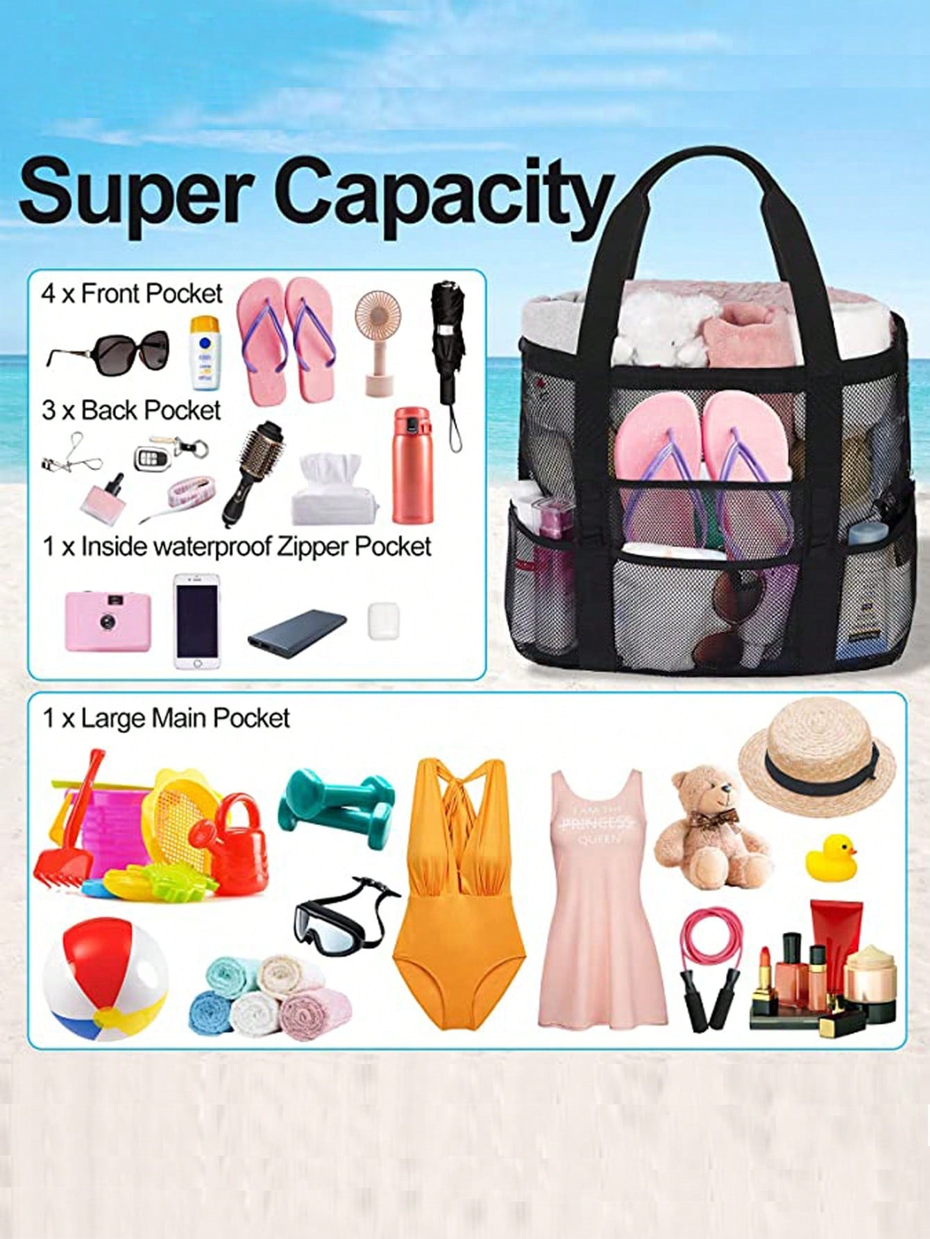 1 pièce Grand sac de plage en filet - sac fourre-tout résistant au sable surdimensionné pour la famille, pliable, léger, avec fermeture éclair et poches supplémentaires pour jouets et vacances, fournitures de croisière plage, sac scolaire, grande capacit