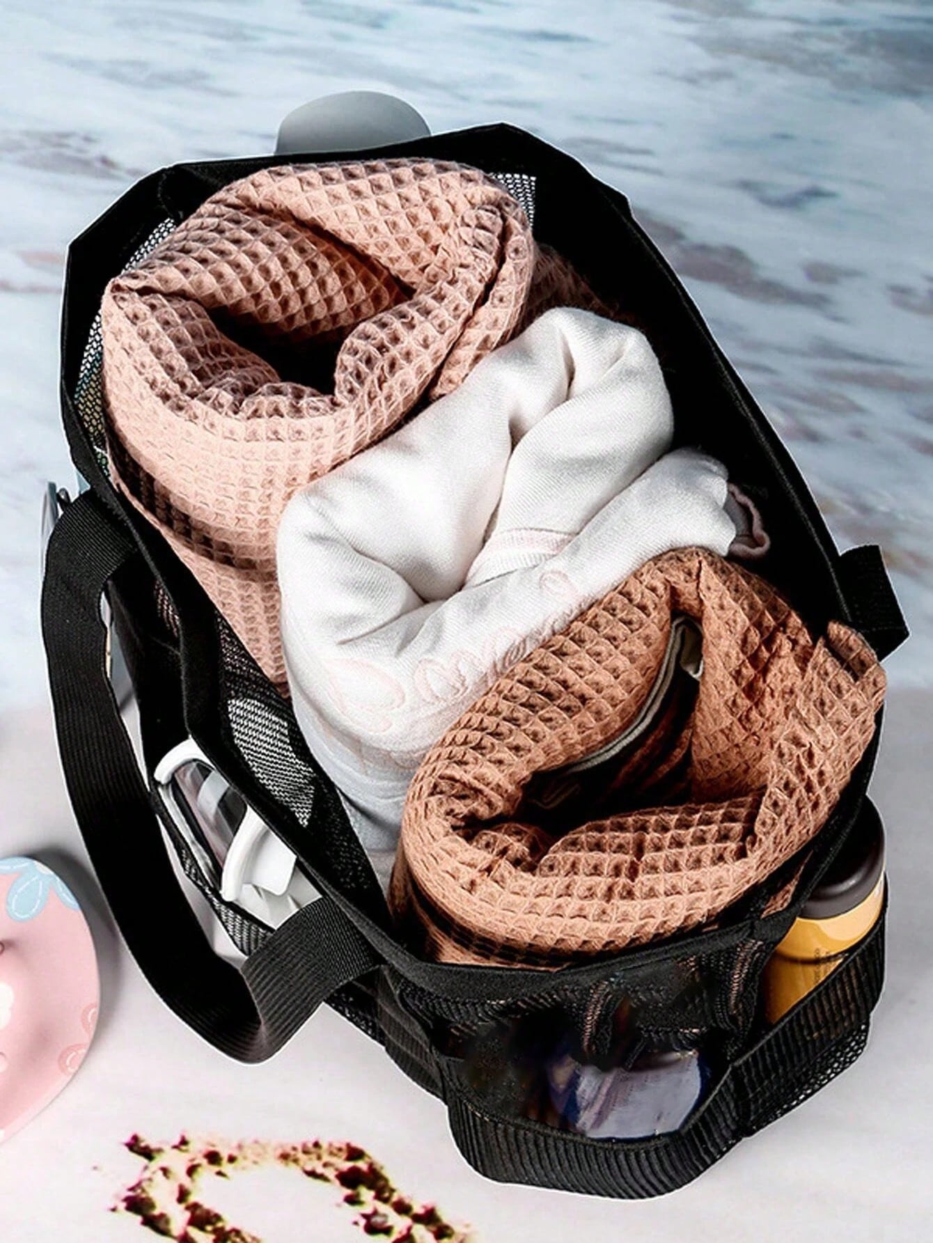 1 pièce Grand sac de plage en filet - sac fourre-tout résistant au sable surdimensionné pour la famille, pliable, léger, avec fermeture éclair et poches supplémentaires pour jouets et vacances, fournitures de croisière plage, sac scolaire, grande capacit