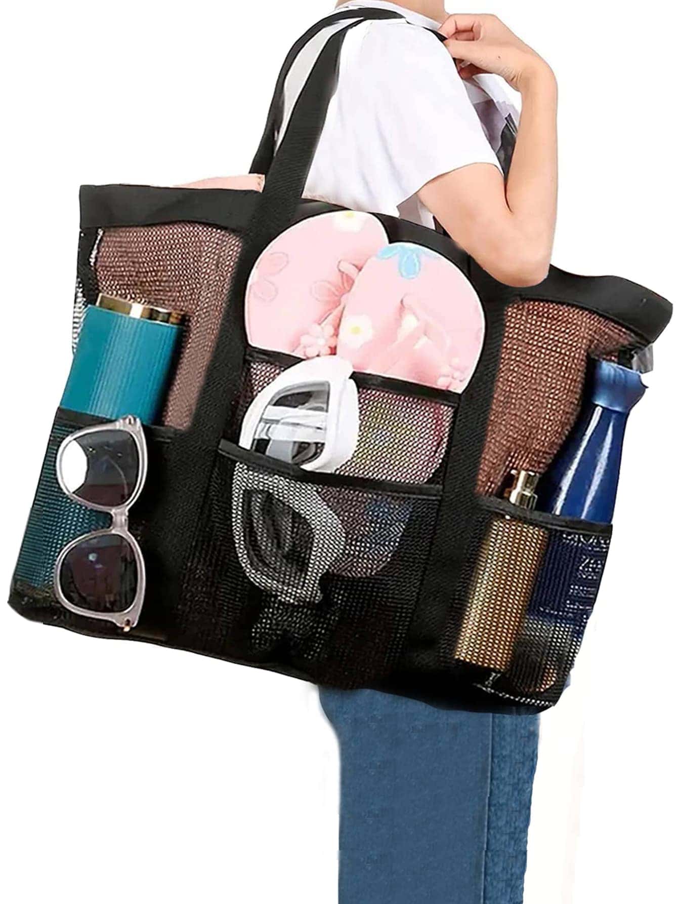 1 pièce Grand sac de plage en filet - sac fourre-tout résistant au sable surdimensionné pour la famille, pliable, léger, avec fermeture éclair et poches supplémentaires pour jouets et vacances, fournitures de croisière plage, sac scolaire, grande capacit
