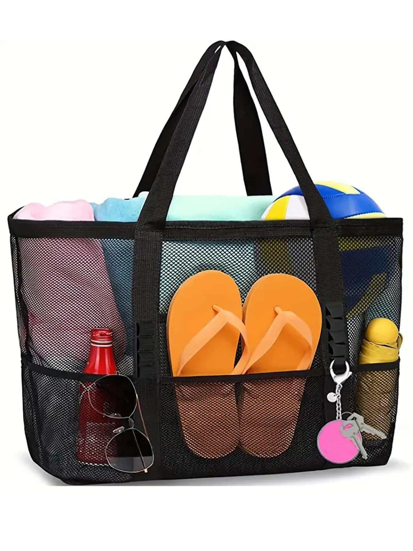 1 pièce Grand sac de plage en filet - sac fourre-tout résistant au sable surdimensionné pour la famille, pliable, léger, avec fermeture éclair et poches supplémentaires pour jouets et vacances, fournitures de croisière plage, sac scolaire, grande capacit