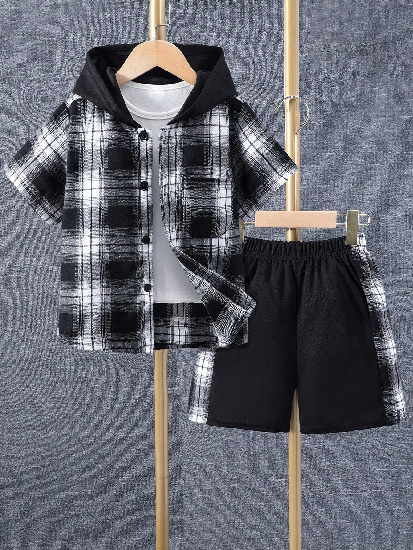 Ensemble deux pièces décontracté pour jeune garçon - Haut à capuche à carreaux à manches courtes avec boutons et short à motifs de patchwork à carreaux