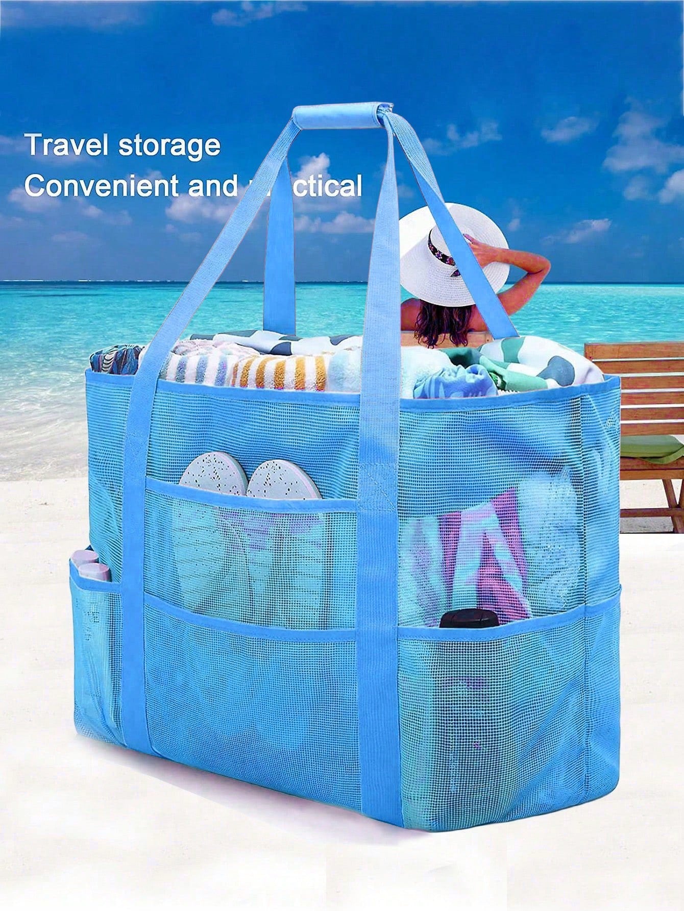 1 pièce Grand sac de plage en filet - sac fourre-tout résistant au sable surdimensionné pour la famille, pliable, léger, avec fermeture éclair et poches supplémentaires pour jouets et vacances, fournitures de croisière plage, sac scolaire, grande capacit