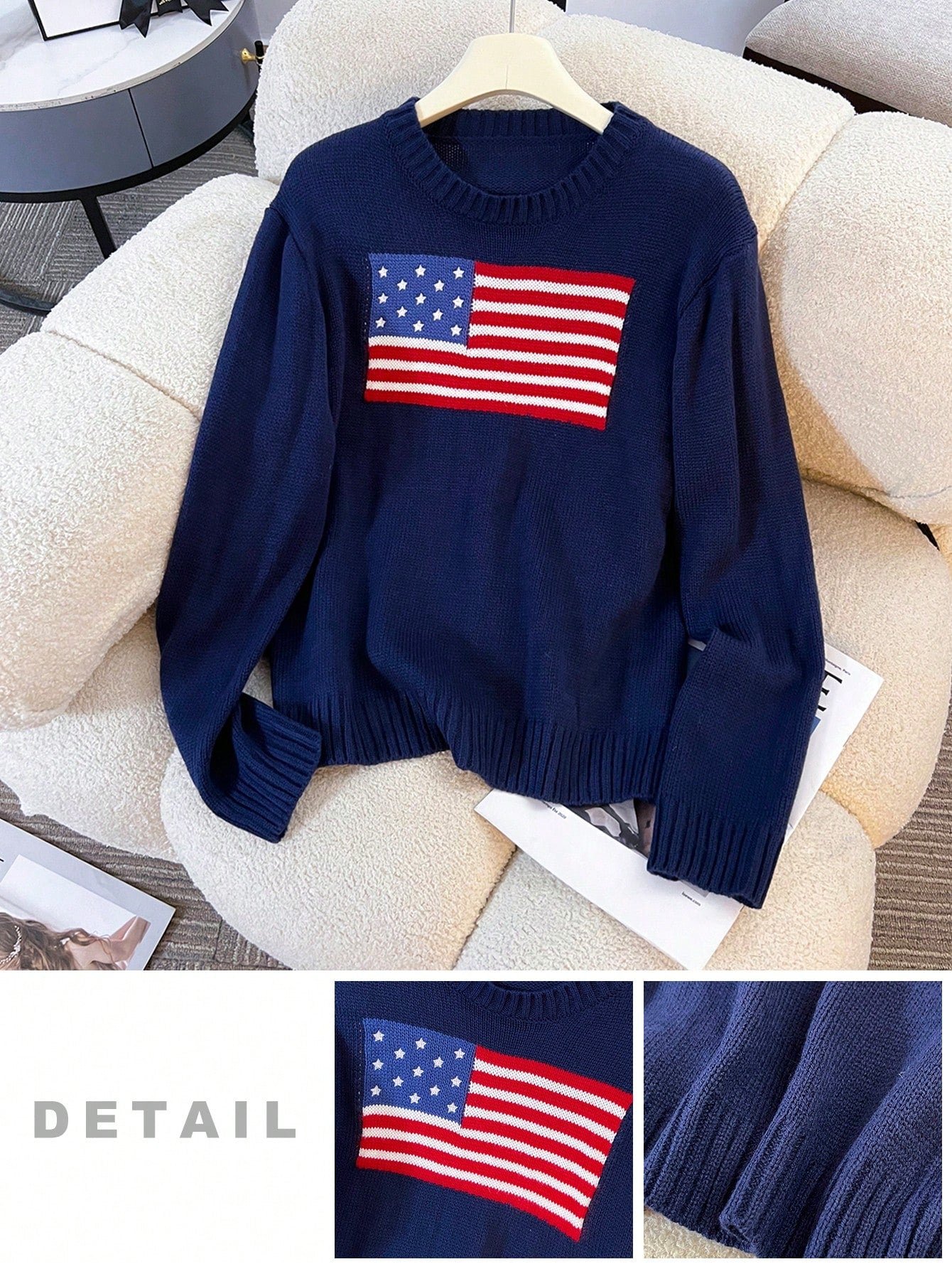 Jeune fille, pull ample à col rond avec motif de drapeau, bleu, rouge, blanc. Convient pour le Nouvel An, Noël, temps chaud et froid, isolation thermique