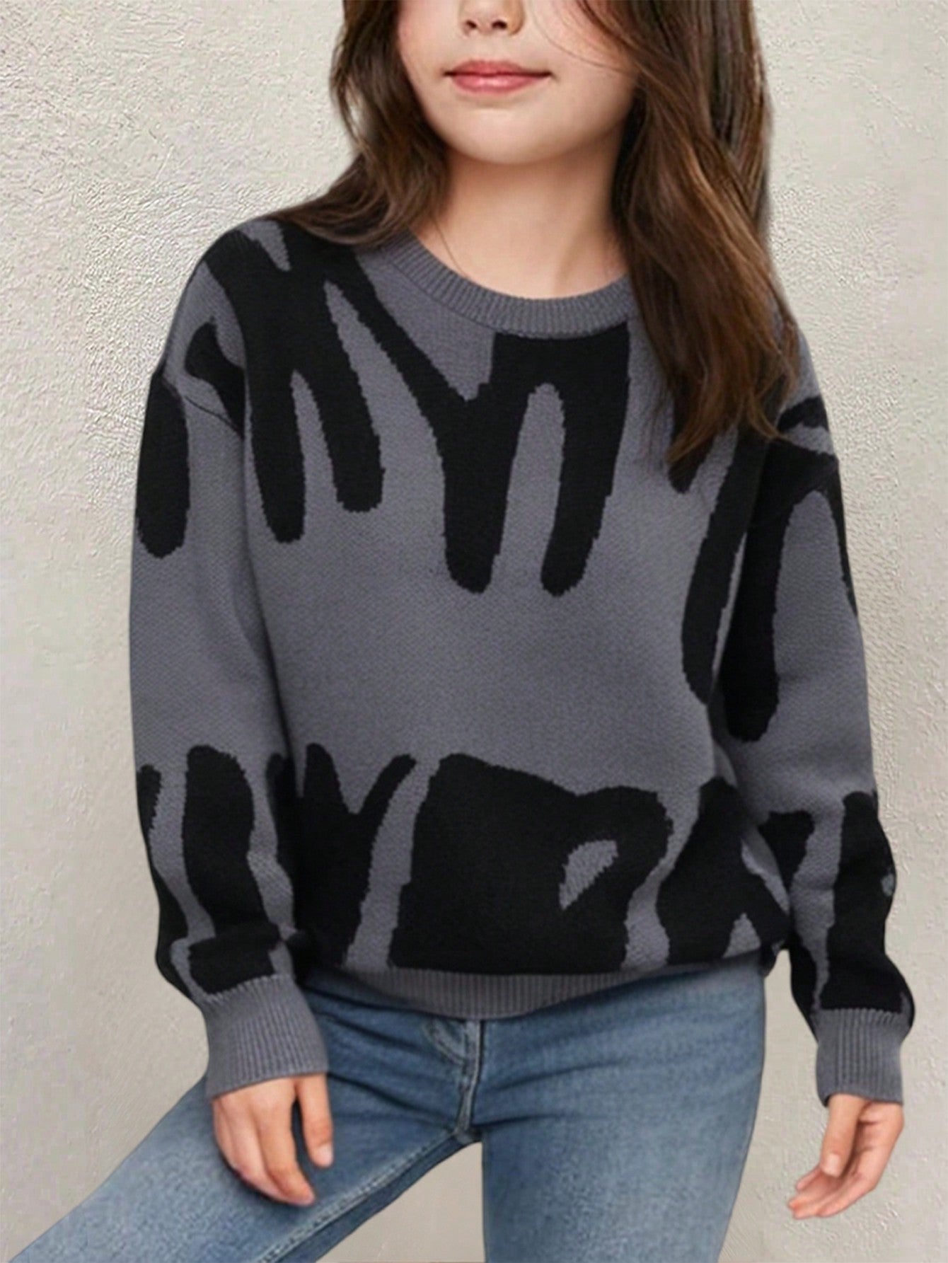 1 pièce Pull tricoté à col rond oversize en contraste de couleurs, style streetwear décontracté pour jeunes filles. Chaud et épais, idéal pour l'automne/l'hiver