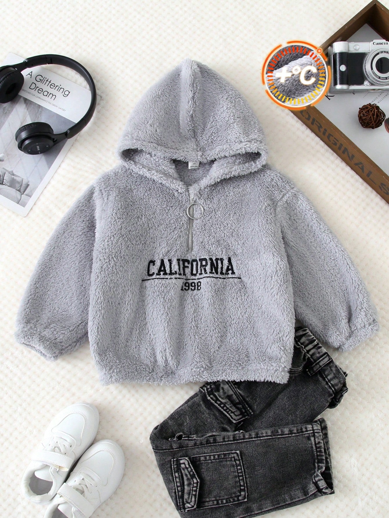 1 pièce sweat-shirt à capuche zippé, essentiel pour les tenues de jeunes garçons, style décontracté, collège, confortable et simple, avec broderie lettres, demi-fermeture éclair, épais et chaud, convient pour l'école, les voyages, les sports, l'automne e