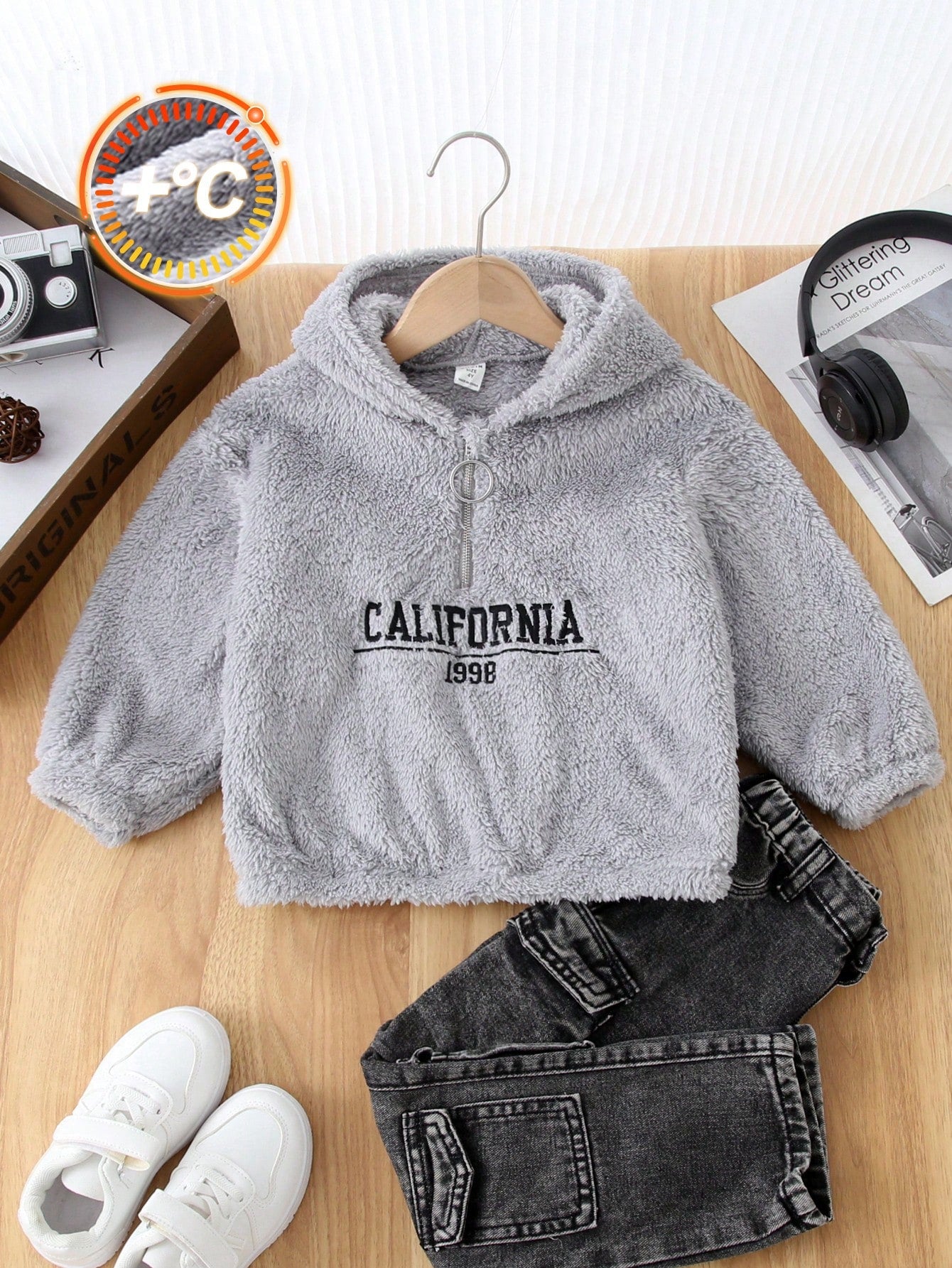1 pièce sweat-shirt à capuche zippé, essentiel pour les tenues de jeunes garçons, style décontracté, collège, confortable et simple, avec broderie lettres, demi-fermeture éclair, épais et chaud, convient pour l'école, les voyages, les sports, l'automne e