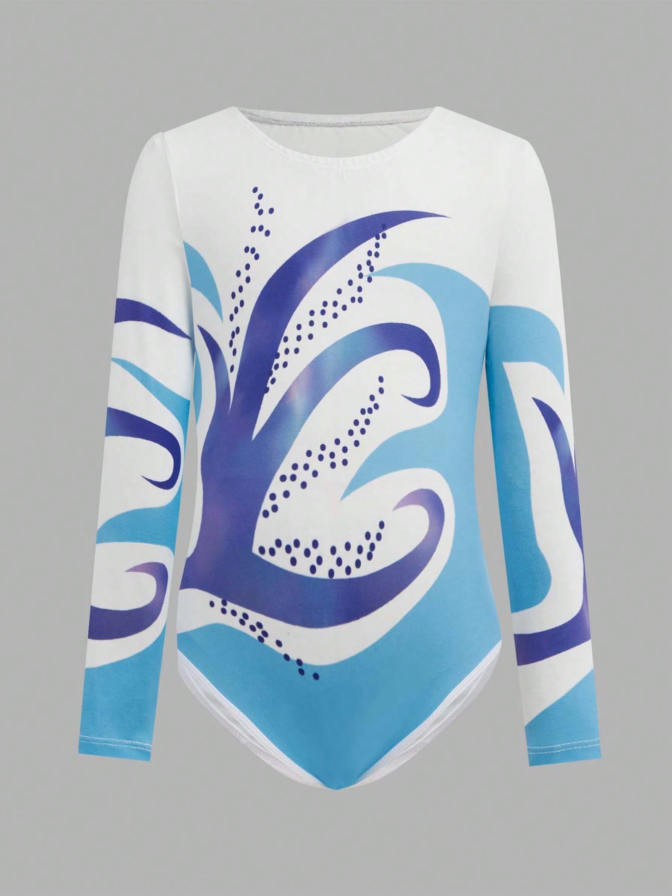 1 pièce Tenue de sport pour jeunes filles, Justaucorps de gymnastique avec imprimé floral, Combishort respirable et mignon à manches longues pour l'exercice et la danse, Violet