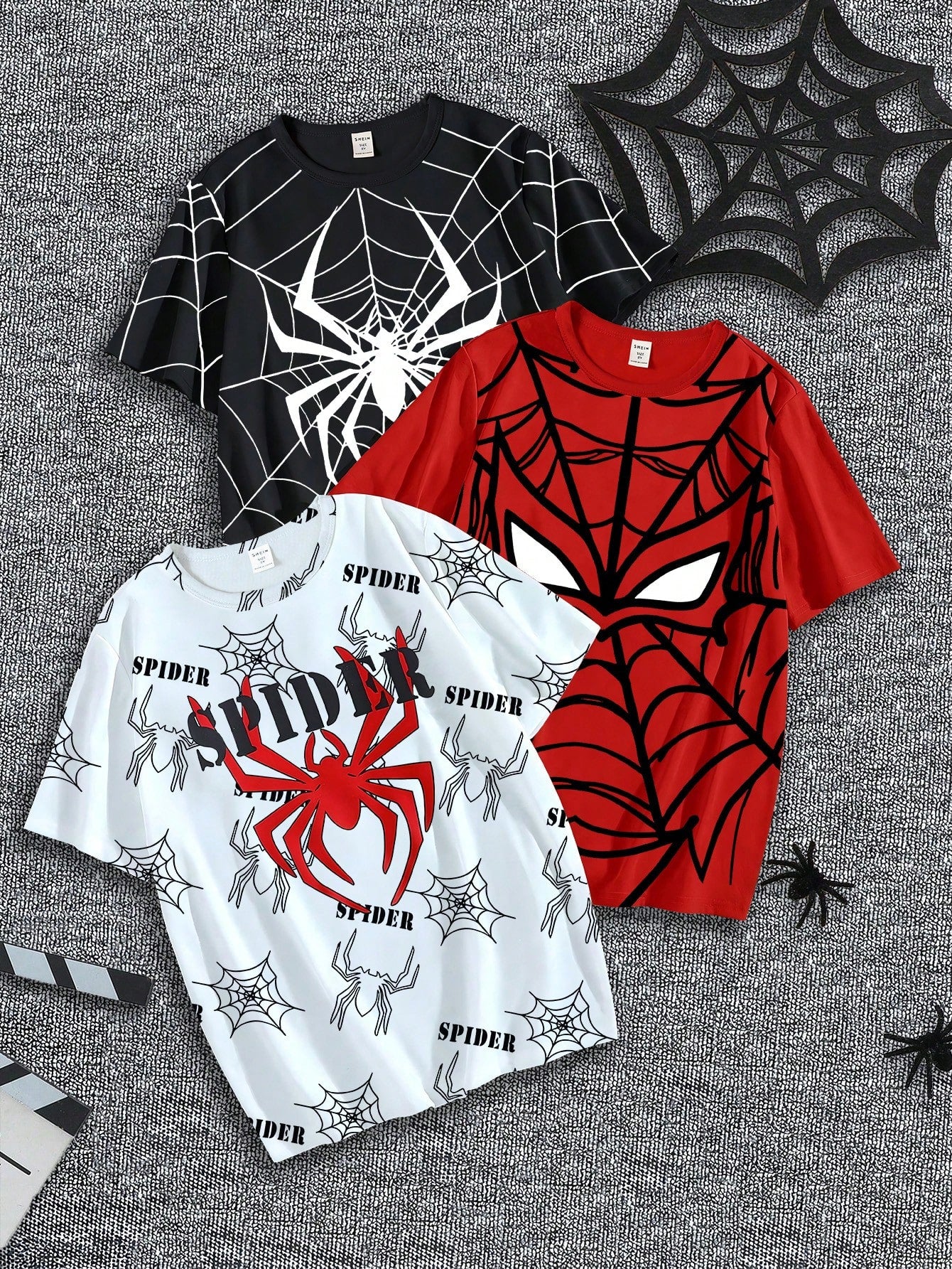 3 pièces/set T-shirt casual à manches courtes col rond avec imprimé blocs de couleurs d'araignées et toiles d'araignées pour jeunes garçons en été