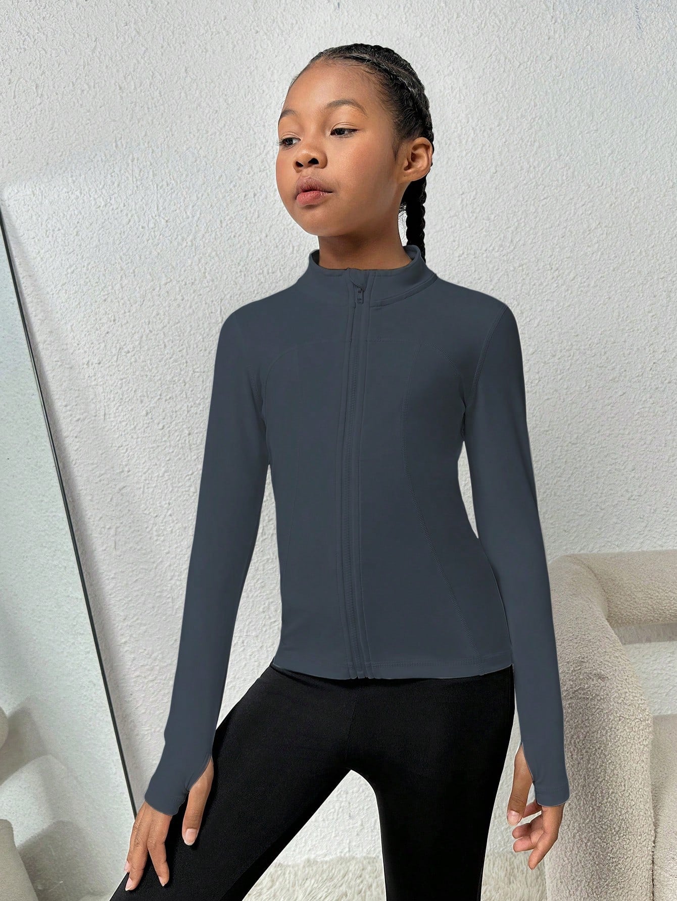 Veste de yoga grise ajustée pour préadolescentes, convient pour le yoga, le pilates, la course et les activités de plein air