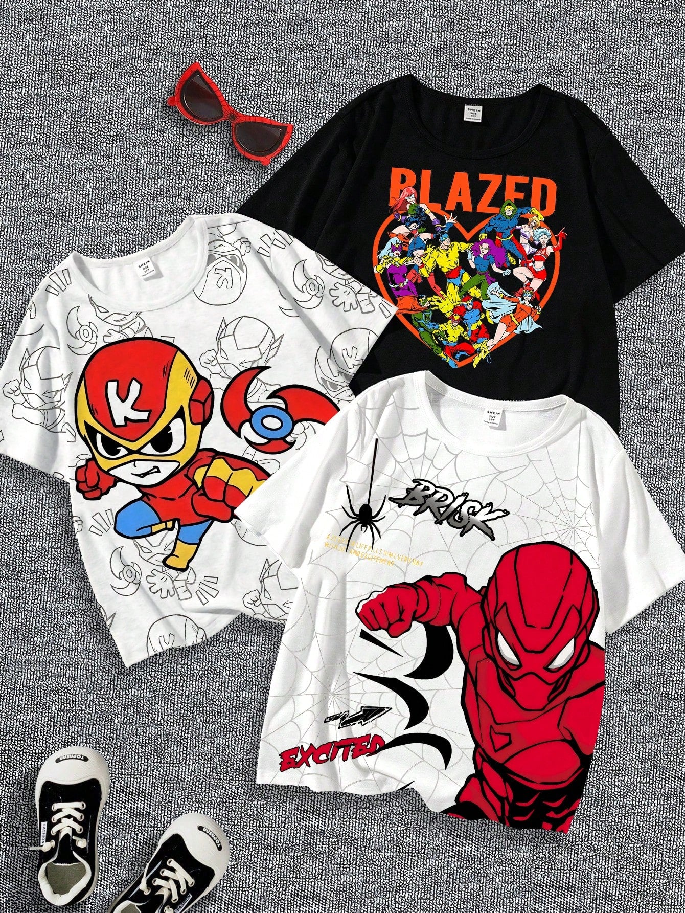 3 pièces/set T-shirt casual à manches courtes col rond avec imprimé blocs de couleurs d'araignées et toiles d'araignées pour jeunes garçons en été
