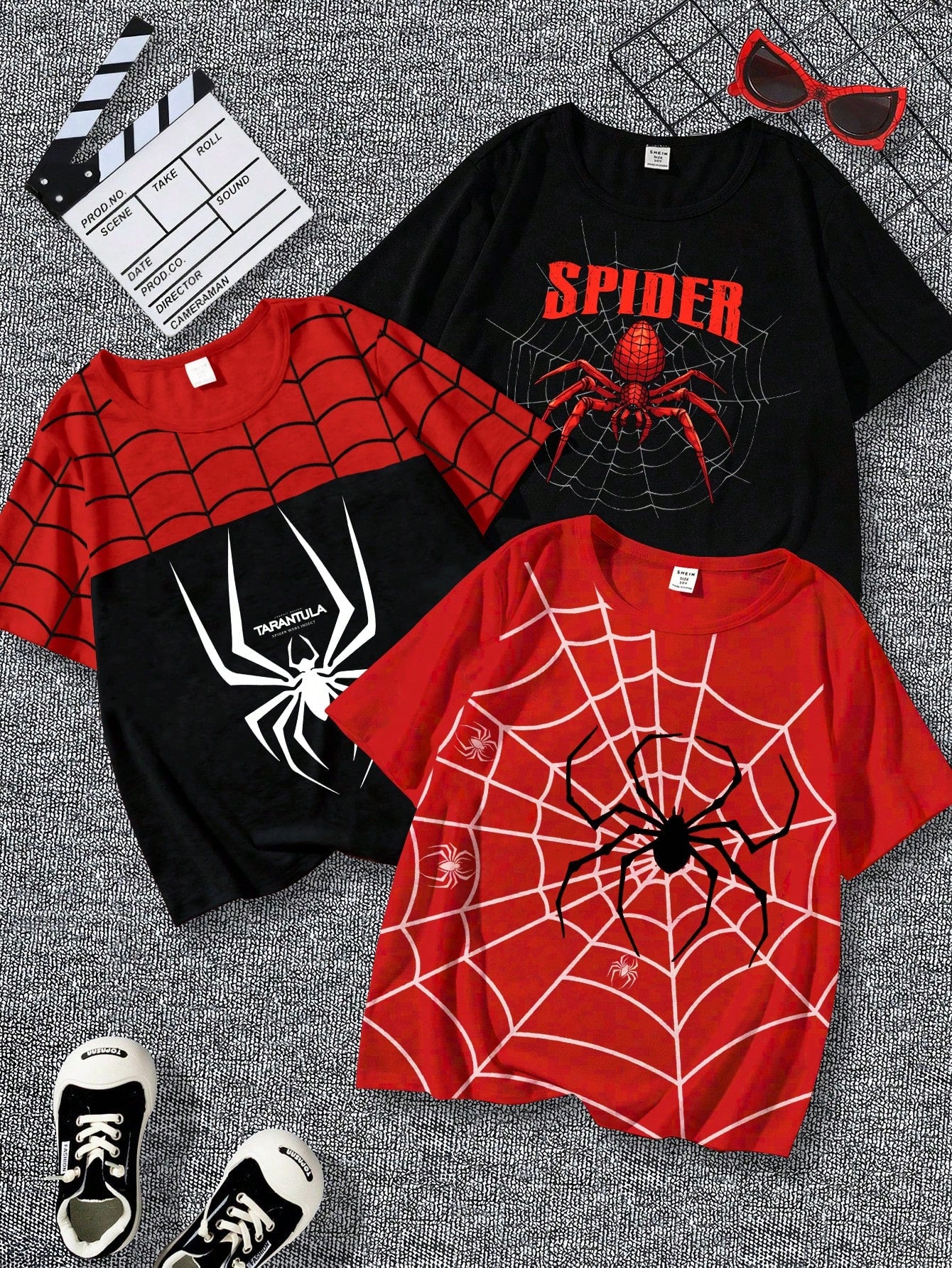 3 pièces/set T-shirt casual à manches courtes col rond avec imprimé blocs de couleurs d'araignées et toiles d'araignées pour jeunes garçons en été