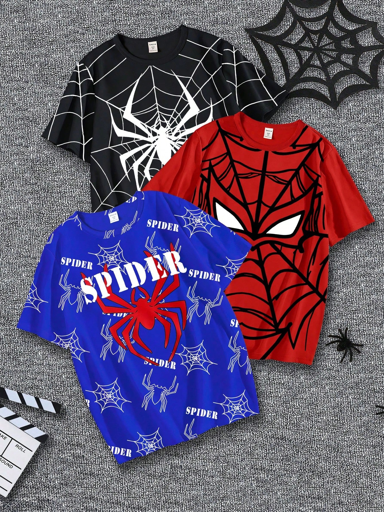 3 pièces/set T-shirt casual à manches courtes col rond avec imprimé blocs de couleurs d'araignées et toiles d'araignées pour jeunes garçons en été