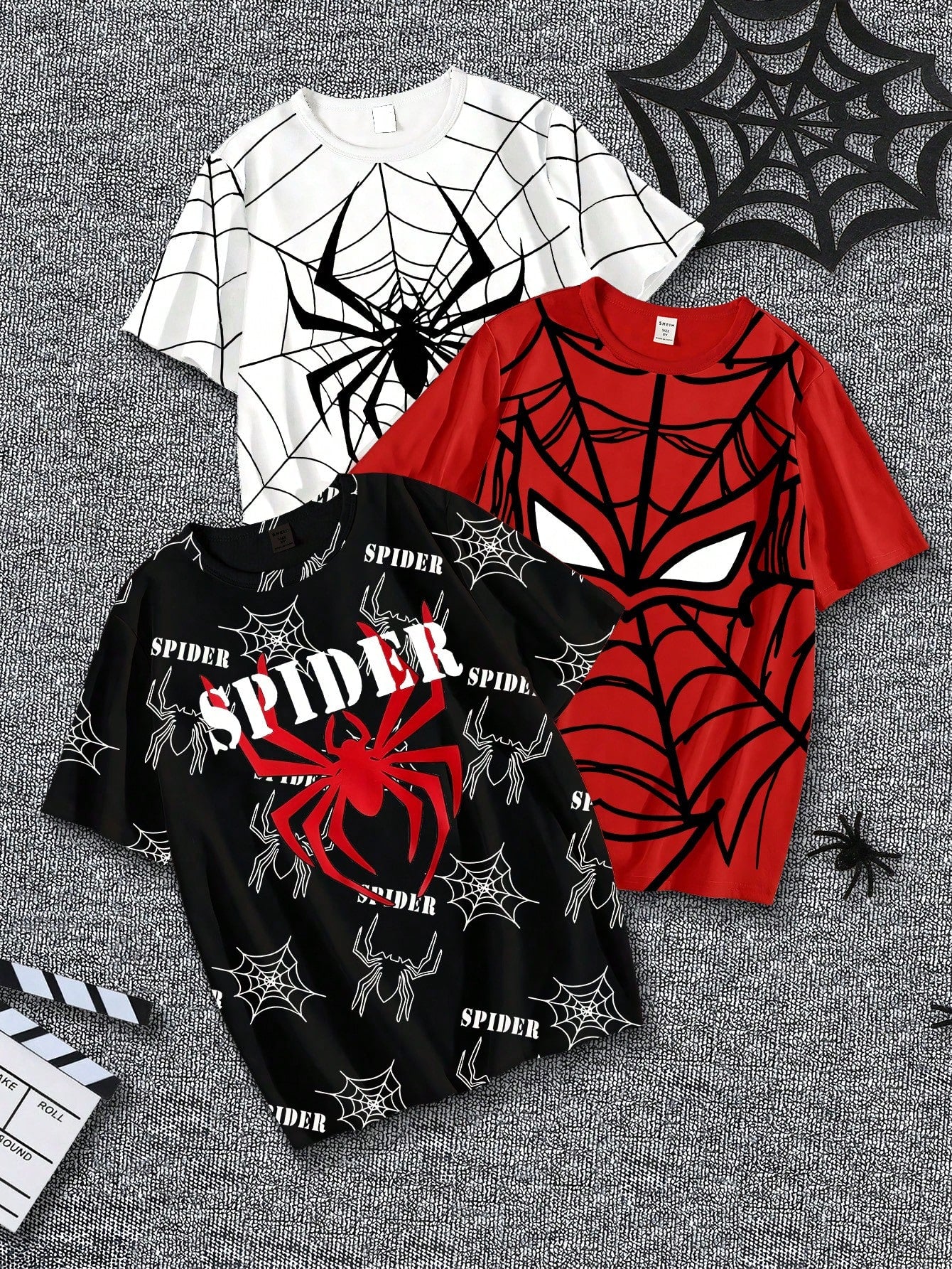 3 pièces/set T-shirt casual à manches courtes col rond avec imprimé blocs de couleurs d'araignées et toiles d'araignées pour jeunes garçons en été