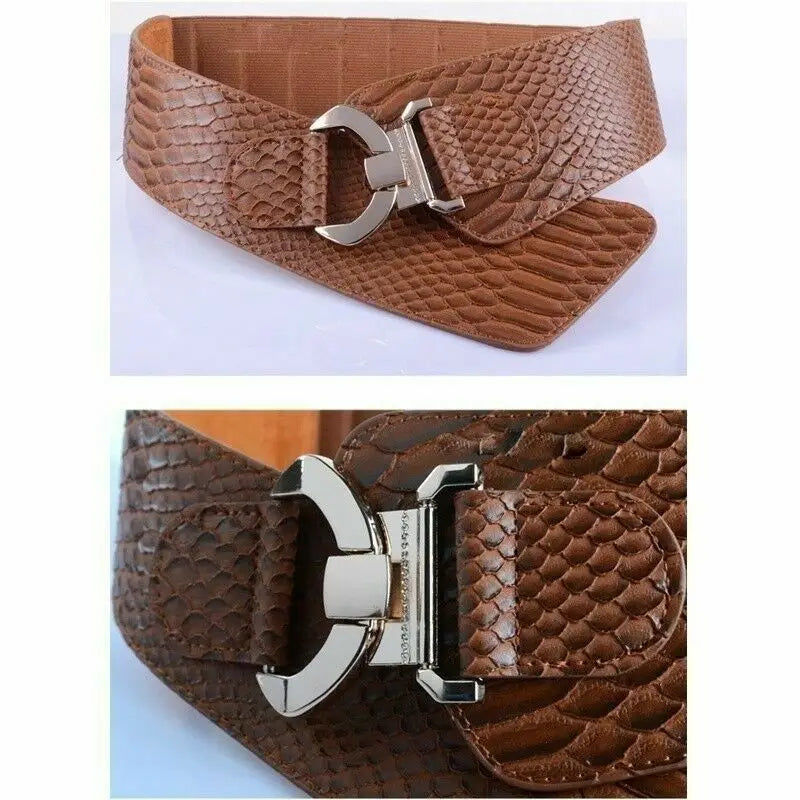 Ceinture élastique en cuir PU stretch pour femmes, ceinture large à taille haute, stylée et tendance, idéale comme accessoire de mode pour les vêtements de fête ou comme cadeau pour filles et femmes.