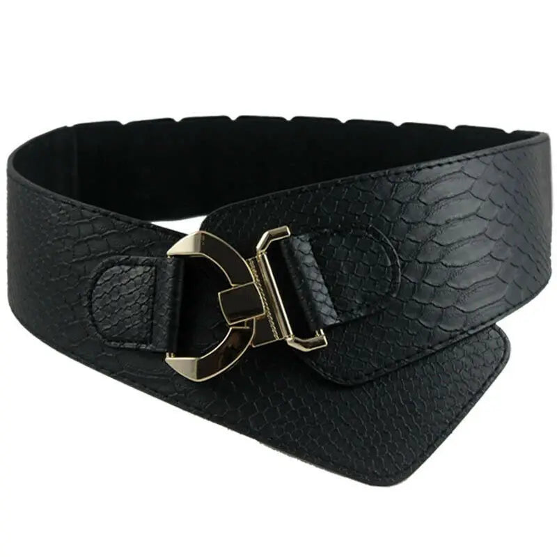 Ceinture élastique en cuir PU stretch pour femmes, ceinture large à taille haute, stylée et tendance, idéale comme accessoire de mode pour les vêtements de fête ou comme cadeau pour filles et femmes.