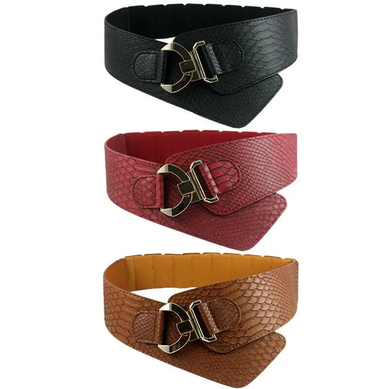 Ceinture élastique en cuir PU stretch pour femmes, ceinture large à taille haute, stylée et tendance, idéale comme accessoire de mode pour les vêtements de fête ou comme cadeau pour filles et femmes.