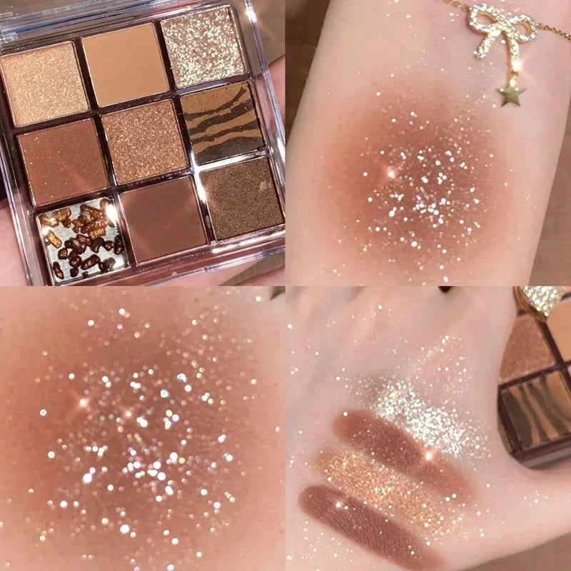 Palette de Fards à Paupières Neuf Couleurs - Orange, Marron, Pailleté, Mat et Brillant, Longue Tenue, Maquillage des Yeux
