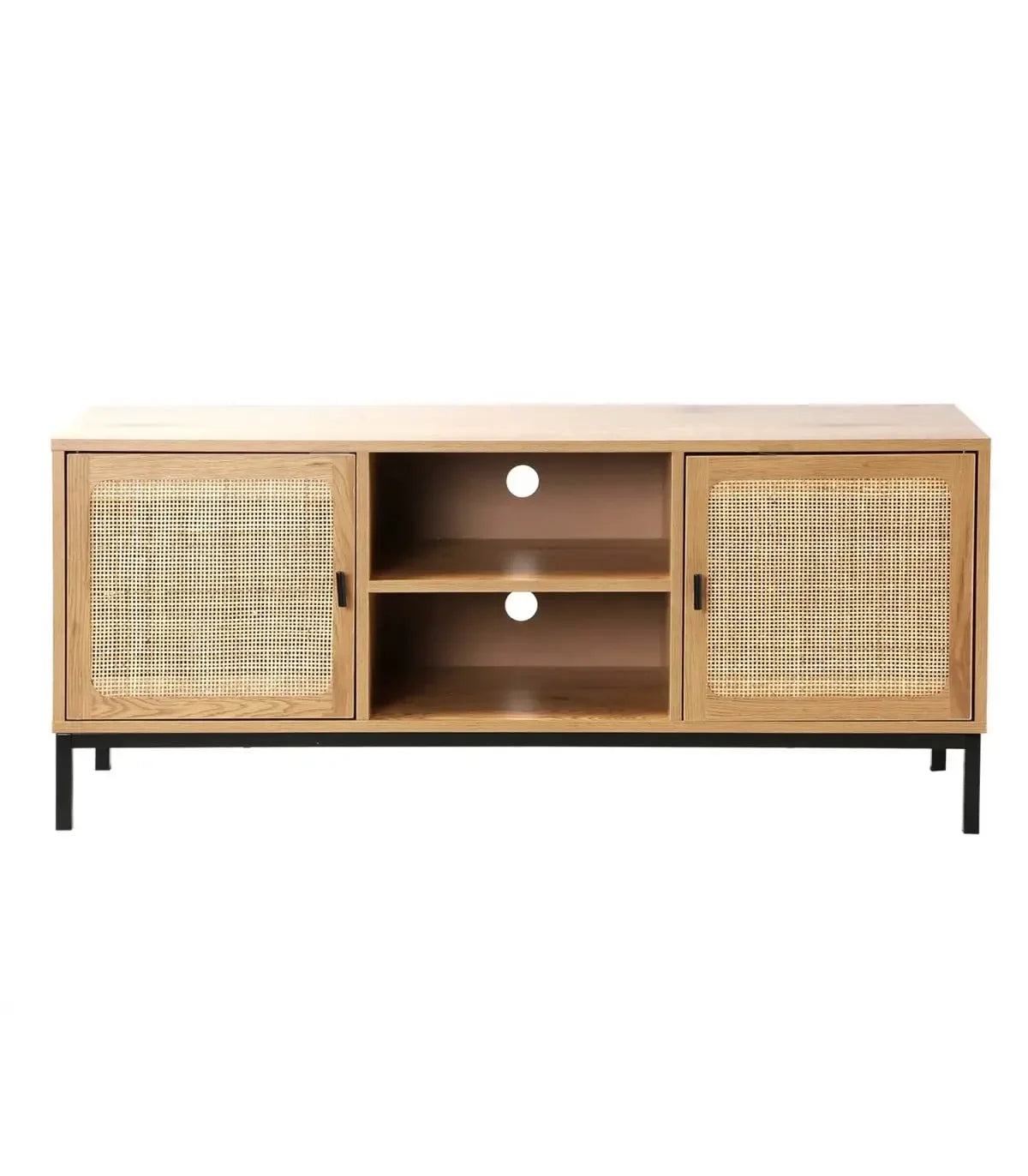 Meuble TV moderne en rotin cannage – Design à 2 portes avec niches, style naturel et contemporain