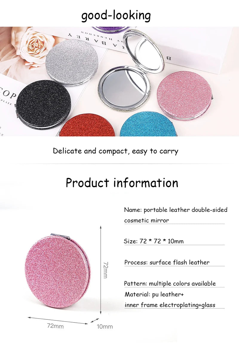 Miroir Compact Rond Pailleté - Miroir de Maquillage Pliable Double Face, Portable et Pratique pour le Sac à Main.