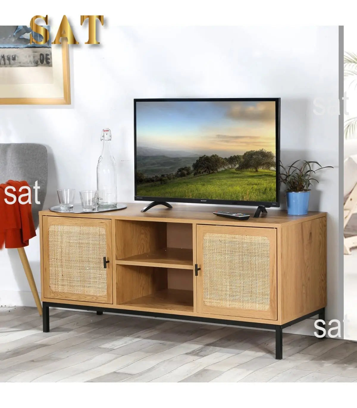 Meuble TV moderne en rotin cannage – Design à 2 portes avec niches, style naturel et contemporain