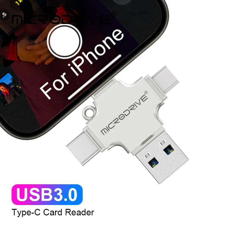 Adaptateur 4 en 1 USB 3.0 vers Type C : Ce lecteur de carte multifonction permet de connecter différents types de cartes (USB, iOS, Micro, TF) à des appareils comme les PC, iPhones, Samsung, Xiaomi, et Huawei via un connecteur OTG