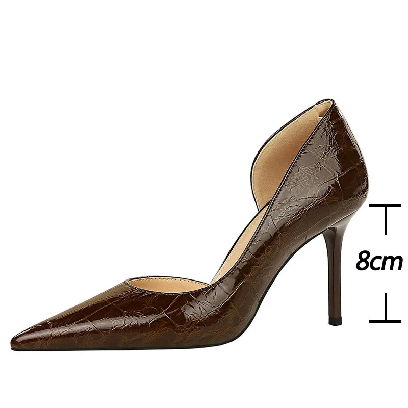 Chaussures femme BIGTREE, escarpins en cuir verni de 8 cm, design rétro à talons aiguilles, bout pointu avec côté ouvert, idéales pour soirées et occasions spéciales, taille 43.