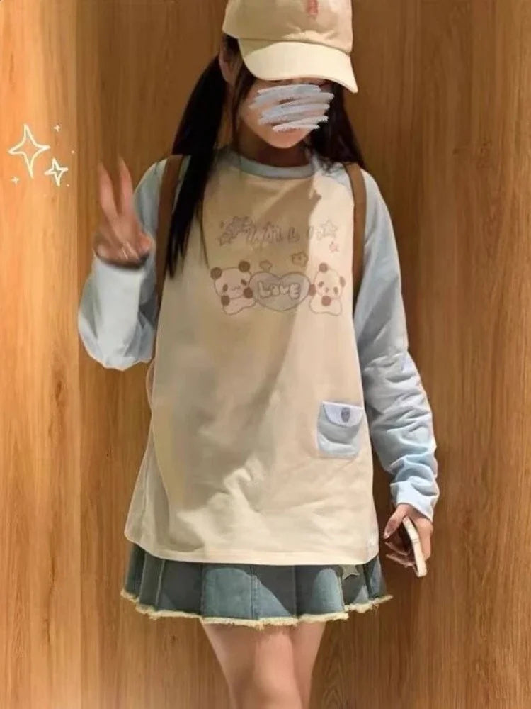 HOUZHOU Hoodie femme kawaii avec patchwork de mode japonaise, imprimé cartoon mignon, pull doux style girlie pour l'hiver , tendance Y2K.
