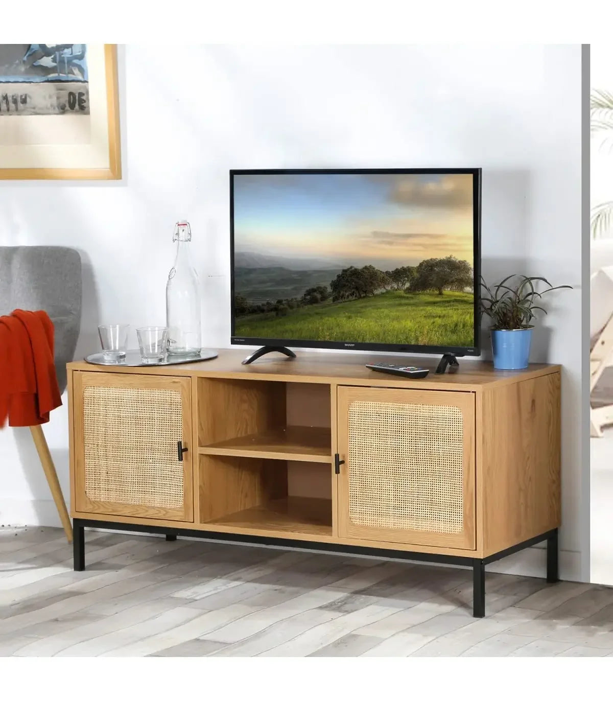 Meuble TV moderne en rotin cannage – Design à 2 portes avec niches, style naturel et contemporain