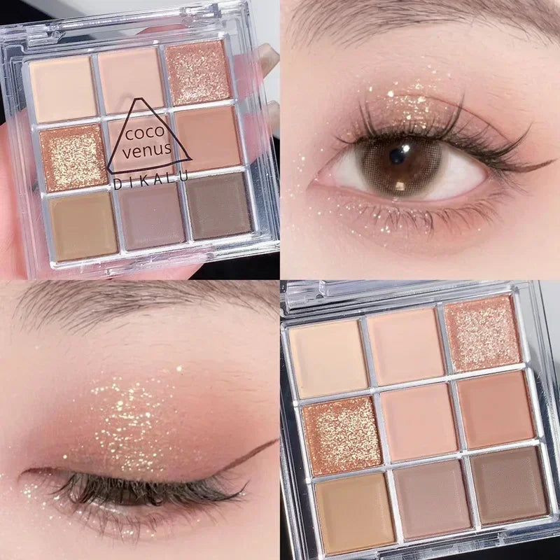Palette de Fards à Paupières Neuf Couleurs - Orange, Marron, Pailleté, Mat et Brillant, Longue Tenue, Maquillage des Yeux