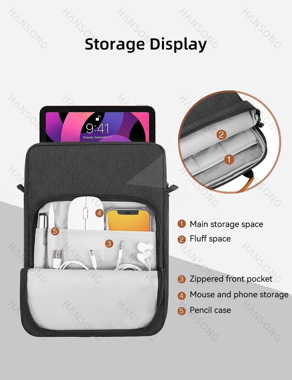 Étui de tablette pour Samsung Galaxy Tab S6 Lite, Galaxy Tab S7, iPad Pro 11, iPad 9.7, 9-11 pouces, sac à bandoulière pour transport et rangement.