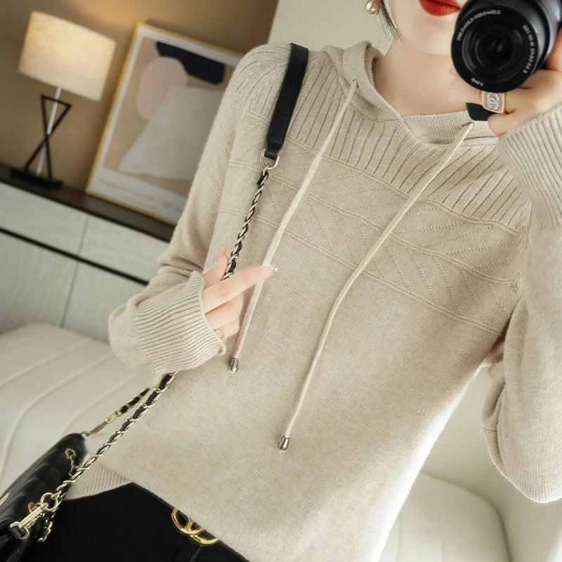 Pull-over à capuche en cachemire pour femmes, nouveau modèle automne/hiver : sweat-shirt ample avec capuche et effet ombragé.