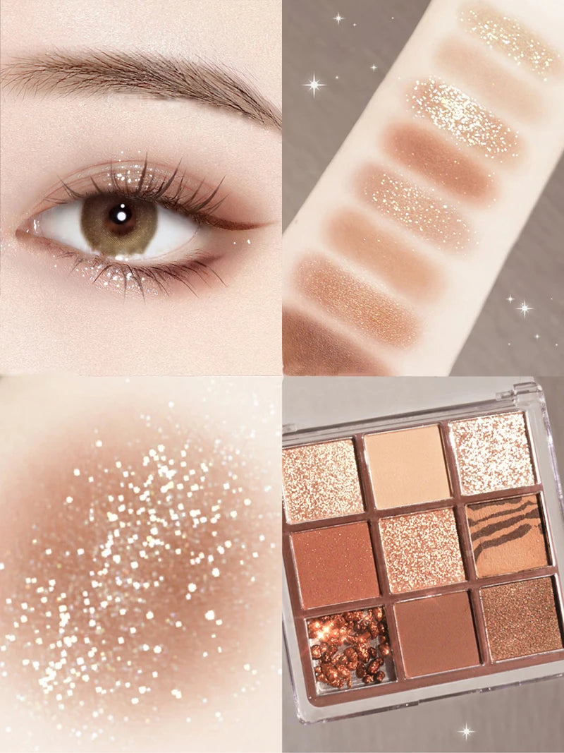 Palette de Fards à Paupières Neuf Couleurs - Orange, Marron, Pailleté, Mat et Brillant, Longue Tenue, Maquillage des Yeux