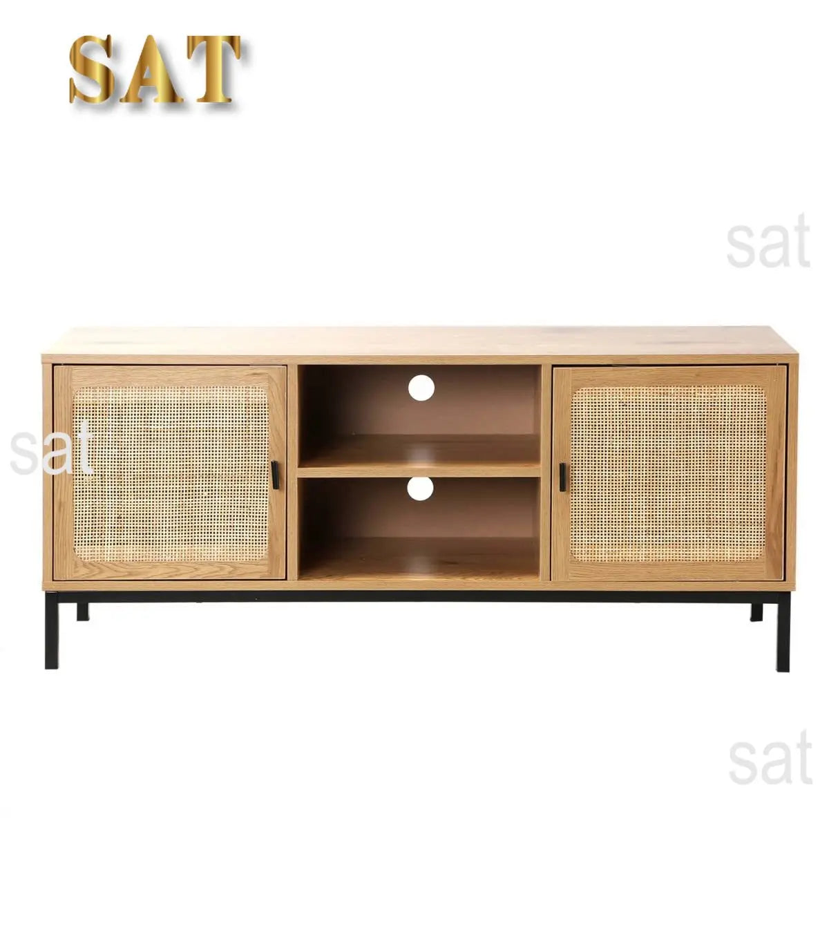 Meuble TV moderne en rotin cannage – Design à 2 portes avec niches, style naturel et contemporain