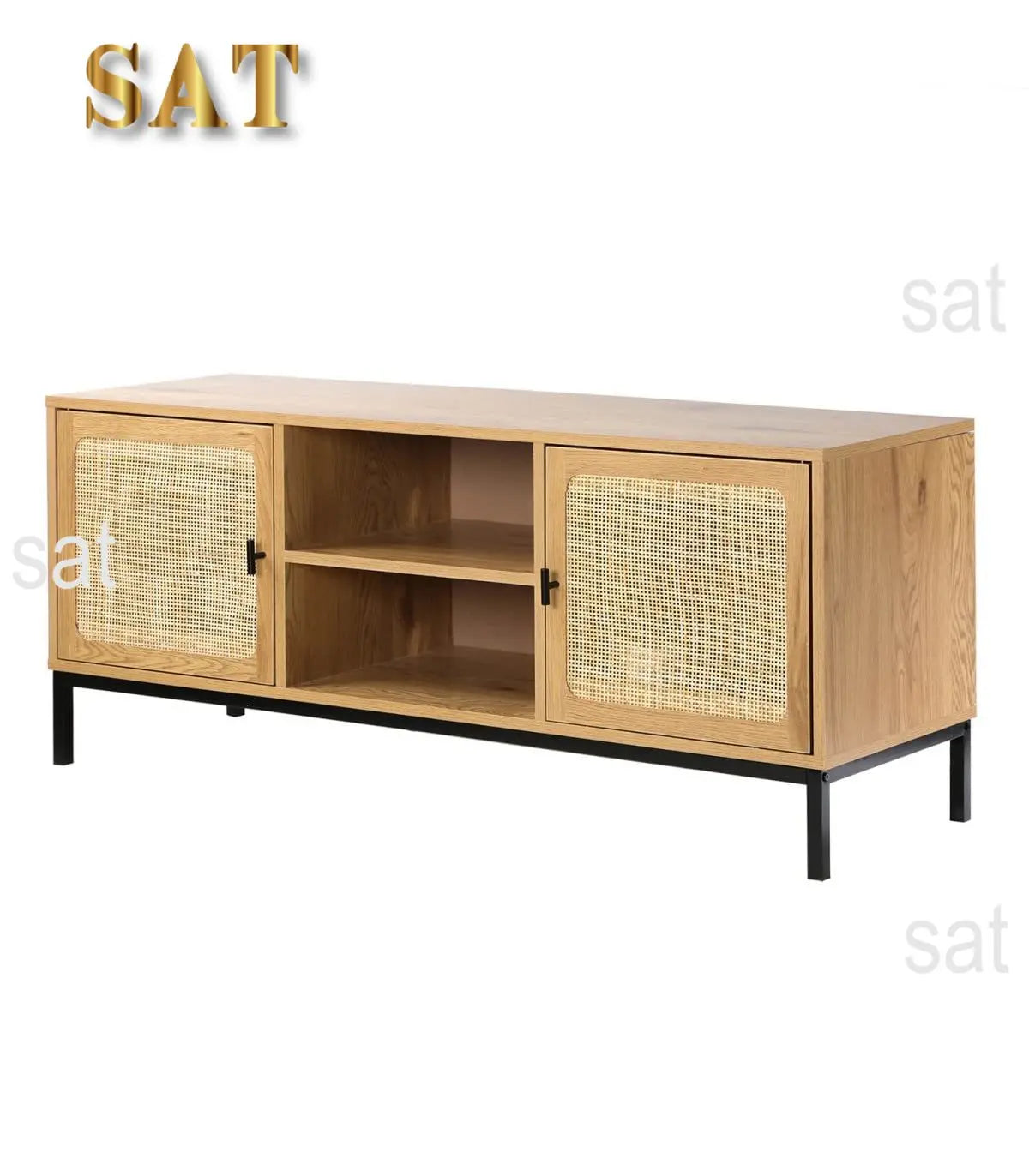 Meuble TV moderne en rotin cannage – Design à 2 portes avec niches, style naturel et contemporain