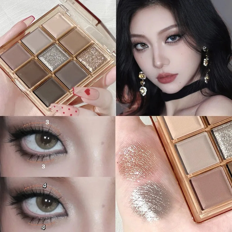 Palette de Fards à Paupières Neuf Couleurs - Orange, Marron, Pailleté, Mat et Brillant, Longue Tenue, Maquillage des Yeux
