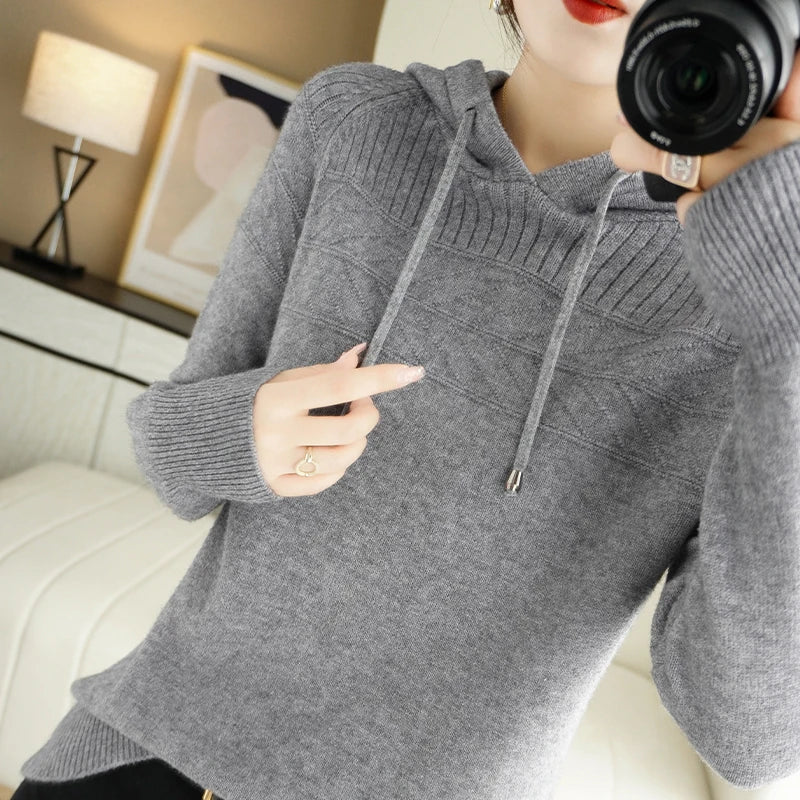 Pull-over à capuche en cachemire pour femmes, nouveau modèle automne/hiver : sweat-shirt ample avec capuche et effet ombragé.