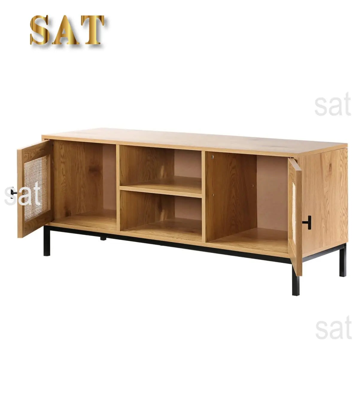 Meuble TV moderne en rotin cannage – Design à 2 portes avec niches, style naturel et contemporain