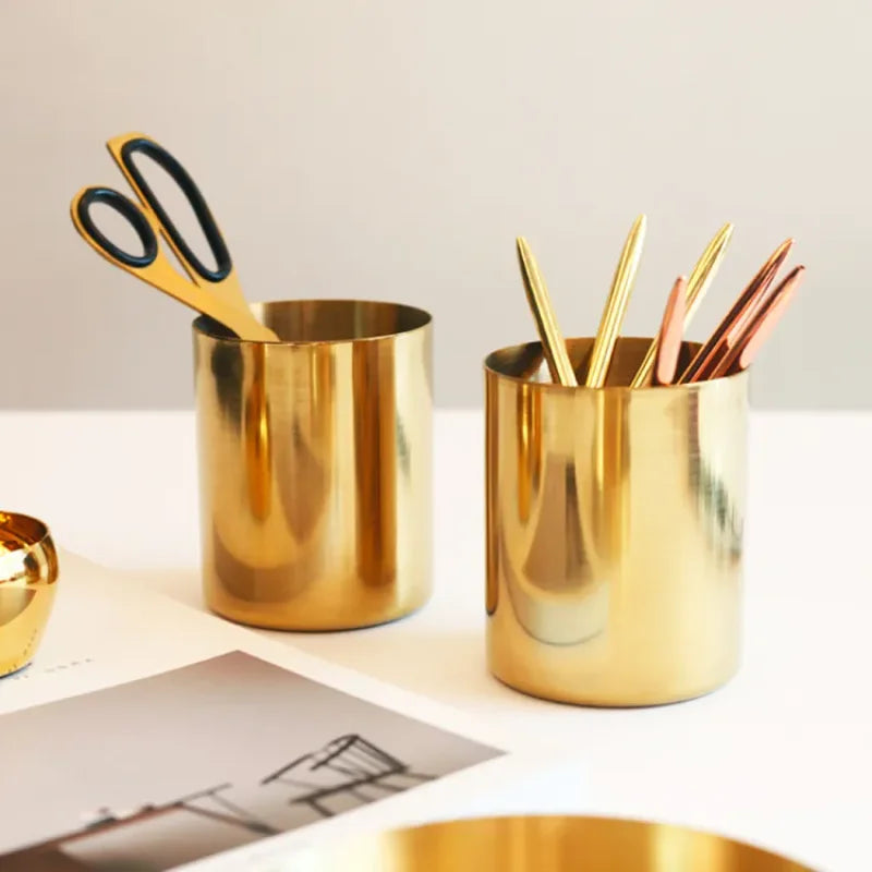 Porte-stylo circulaire en acier inoxydable, ornement de bureau en métal, design nordique, rangement pour stylos, vase doré, boîte de rangement pour pinceaux de maquillage.