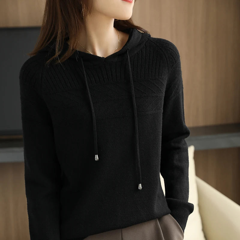 Pull-over à capuche en cachemire pour femmes, nouveau modèle automne/hiver : sweat-shirt ample avec capuche et effet ombragé.