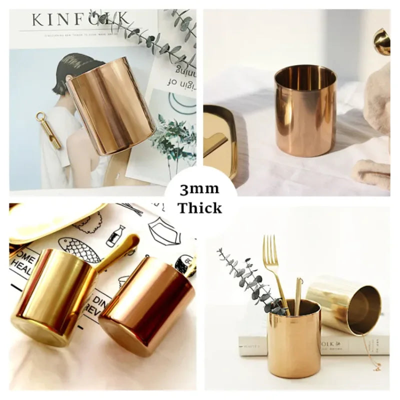 Porte-stylo circulaire en acier inoxydable, ornement de bureau en métal, design nordique, rangement pour stylos, vase doré, boîte de rangement pour pinceaux de maquillage.