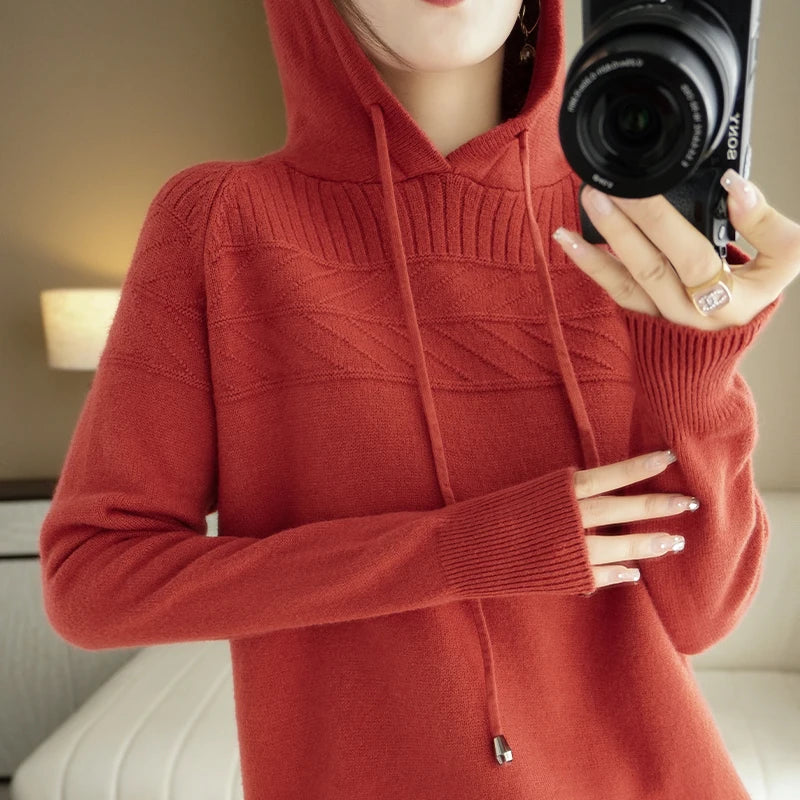 Pull-over à capuche en cachemire pour femmes, nouveau modèle automne/hiver : sweat-shirt ample avec capuche et effet ombragé.