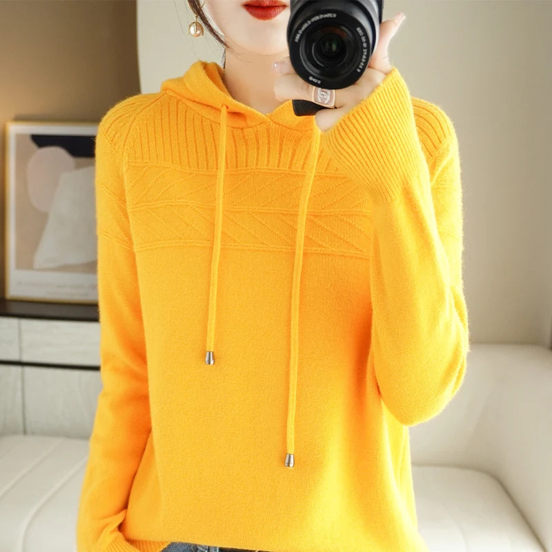 Pull-over à capuche en cachemire pour femmes, nouveau modèle automne/hiver : sweat-shirt ample avec capuche et effet ombragé.