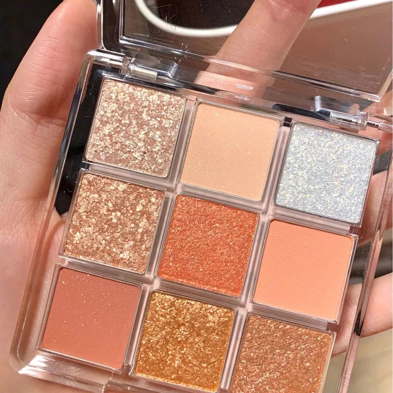 Palette de Fards à Paupières Neuf Couleurs - Orange, Marron, Pailleté, Mat et Brillant, Longue Tenue, Maquillage des Yeux