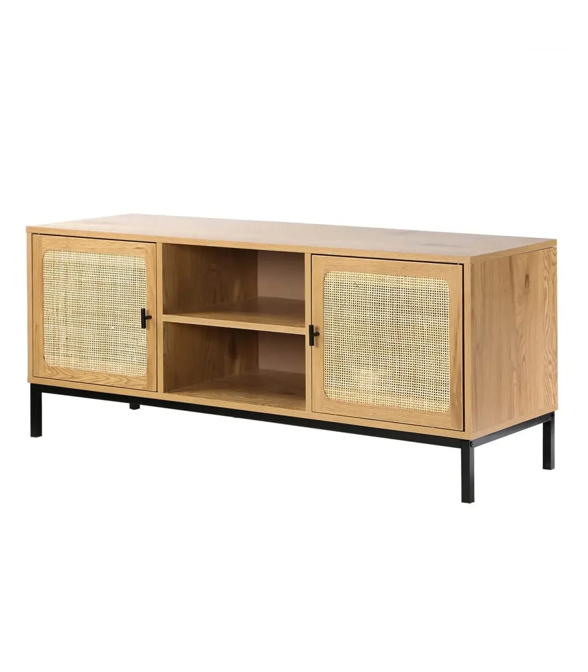 Meuble TV moderne en rotin cannage – Design à 2 portes avec niches, style naturel et contemporain