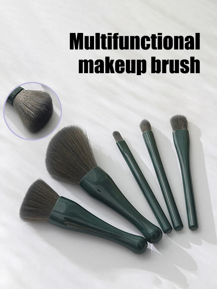 Ensemble de pinceaux de maquillage portable : 5 pinceaux essentiels, incluant pinceau fond de teint et ombre à paupières. Livré avec miroir pratique, idéal pour les voyages.