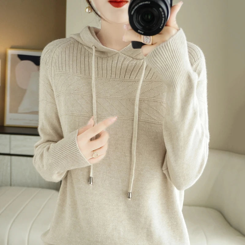 Pull-over à capuche en cachemire pour femmes, nouveau modèle automne/hiver : sweat-shirt ample avec capuche et effet ombragé.