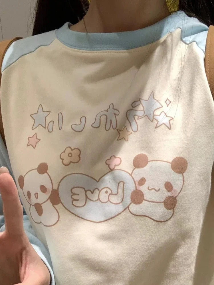 HOUZHOU Hoodie femme kawaii avec patchwork de mode japonaise, imprimé cartoon mignon, pull doux style girlie pour l'hiver , tendance Y2K.