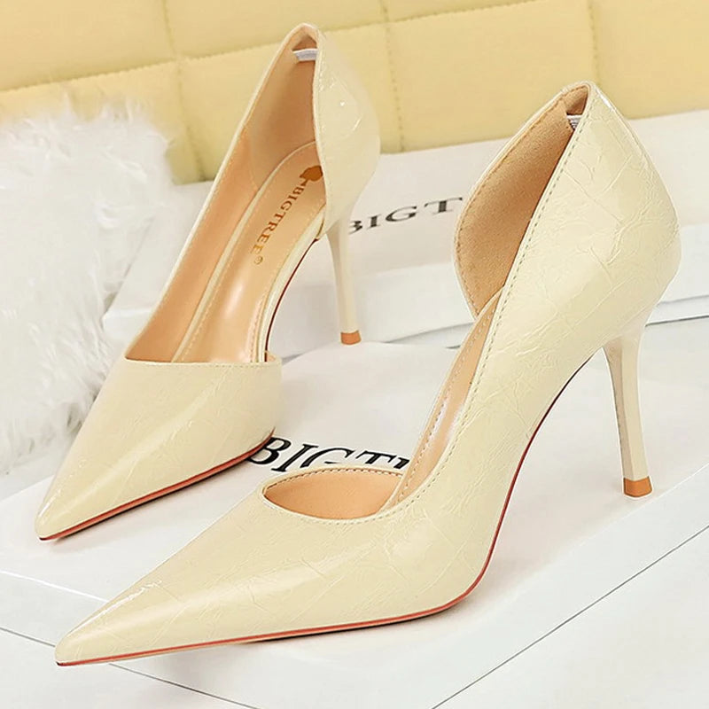 Chaussures femme BIGTREE, escarpins en cuir verni de 8 cm, design rétro à talons aiguilles, bout pointu avec côté ouvert, idéales pour soirées et occasions spéciales, taille 43.