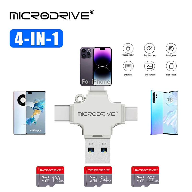 Adaptateur 4 en 1 USB 3.0 vers Type C : Ce lecteur de carte multifonction permet de connecter différents types de cartes (USB, iOS, Micro, TF) à des appareils comme les PC, iPhones, Samsung, Xiaomi, et Huawei via un connecteur OTG